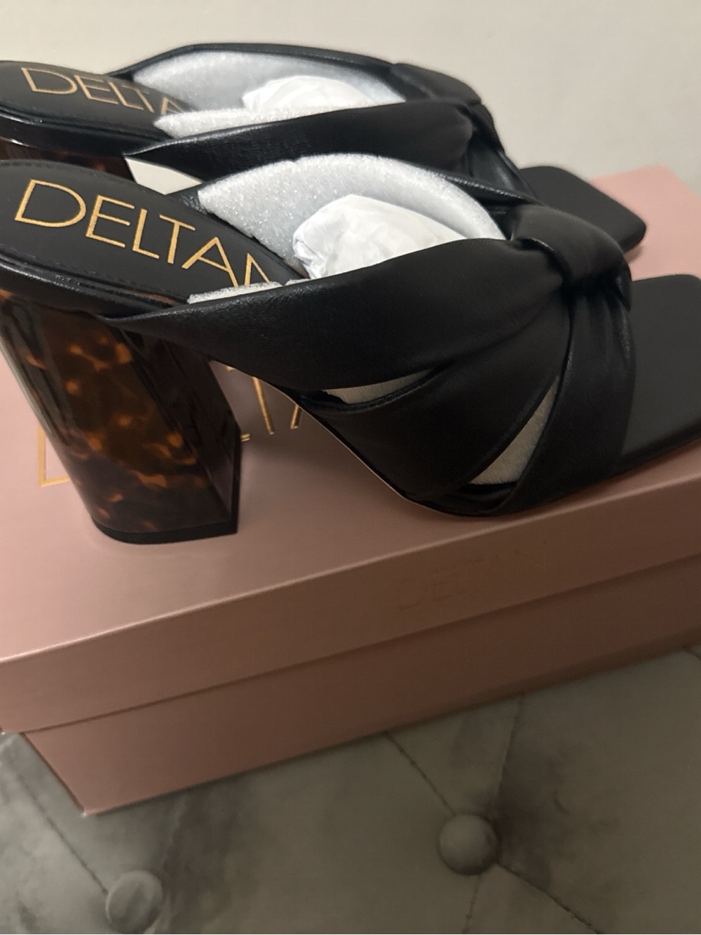 Delta Black Knotted Leather Block Heel Mule with Tortoiseshell Heel
